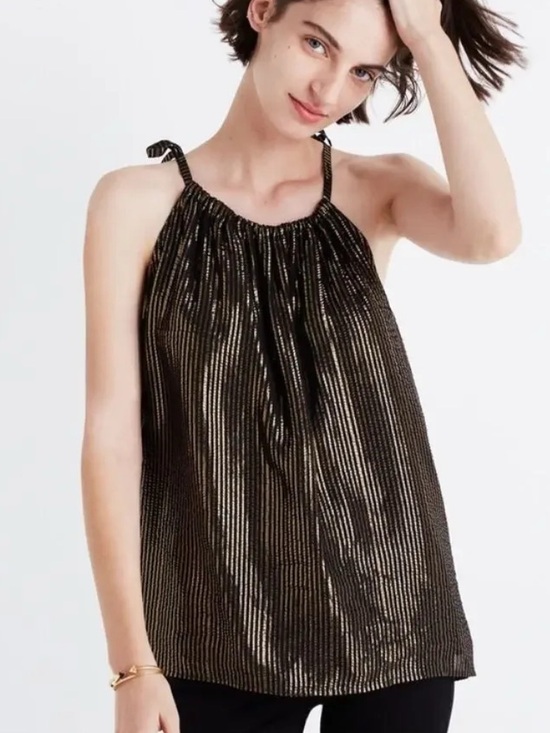 Madewell Tops - Madewell Black & Gold Metallic Stripe Tie-Shoulder Cami Top Silk Lightweight 4